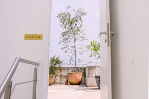 A door with a sign reading 'DOOF TOD' leading to a balcony with a potted plant and a view of the sky.