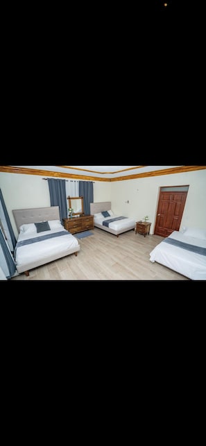 A bedroom with two beds, wooden headboards, a dresser, and a wooden door.