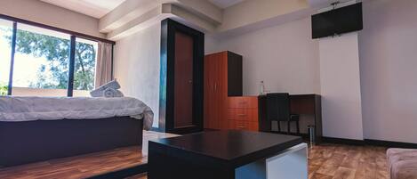 Una habitación moderna con cama, escritorio, televisor y armario.
