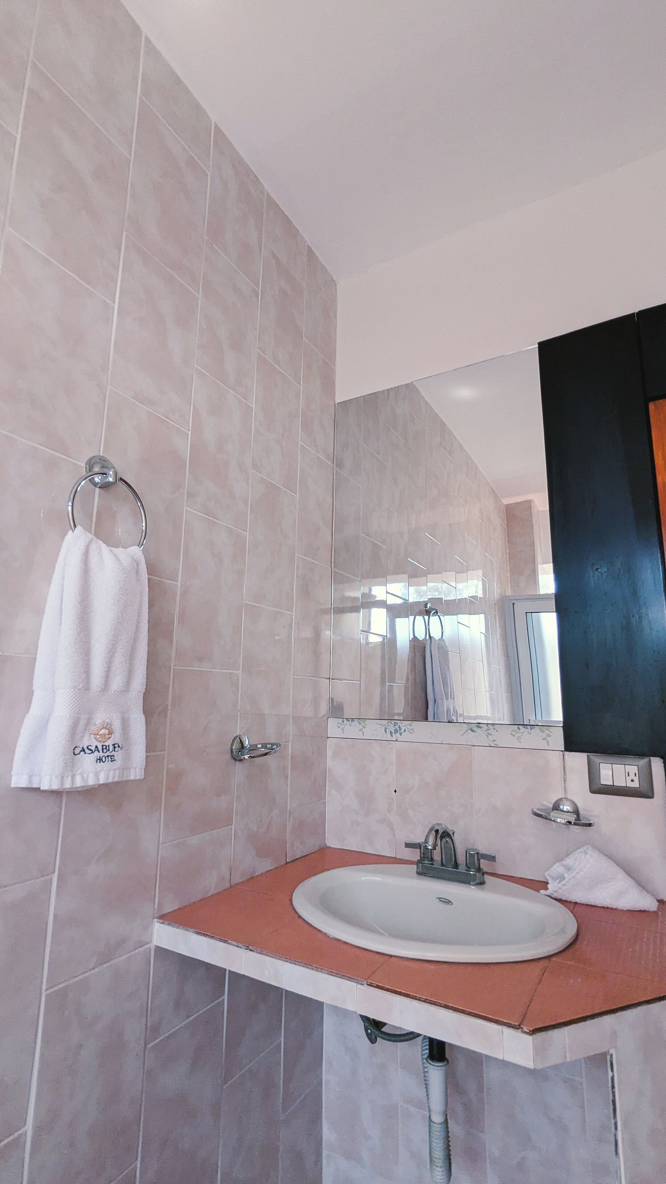A bathroom with a sink, mirror, and towel rack.