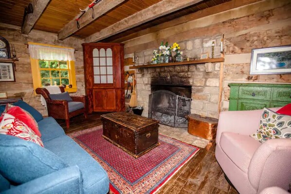 Älytelevisio, takka, DVD-soitin, kirjoja