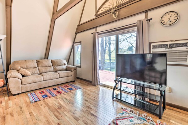 TV, fireplace, books