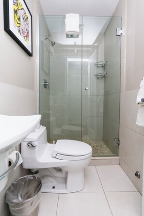 A modern bathroom with a glass-enclosed shower, a white toilet, and a sink. - Maverick Suites at 245 Newbury St (Boston)