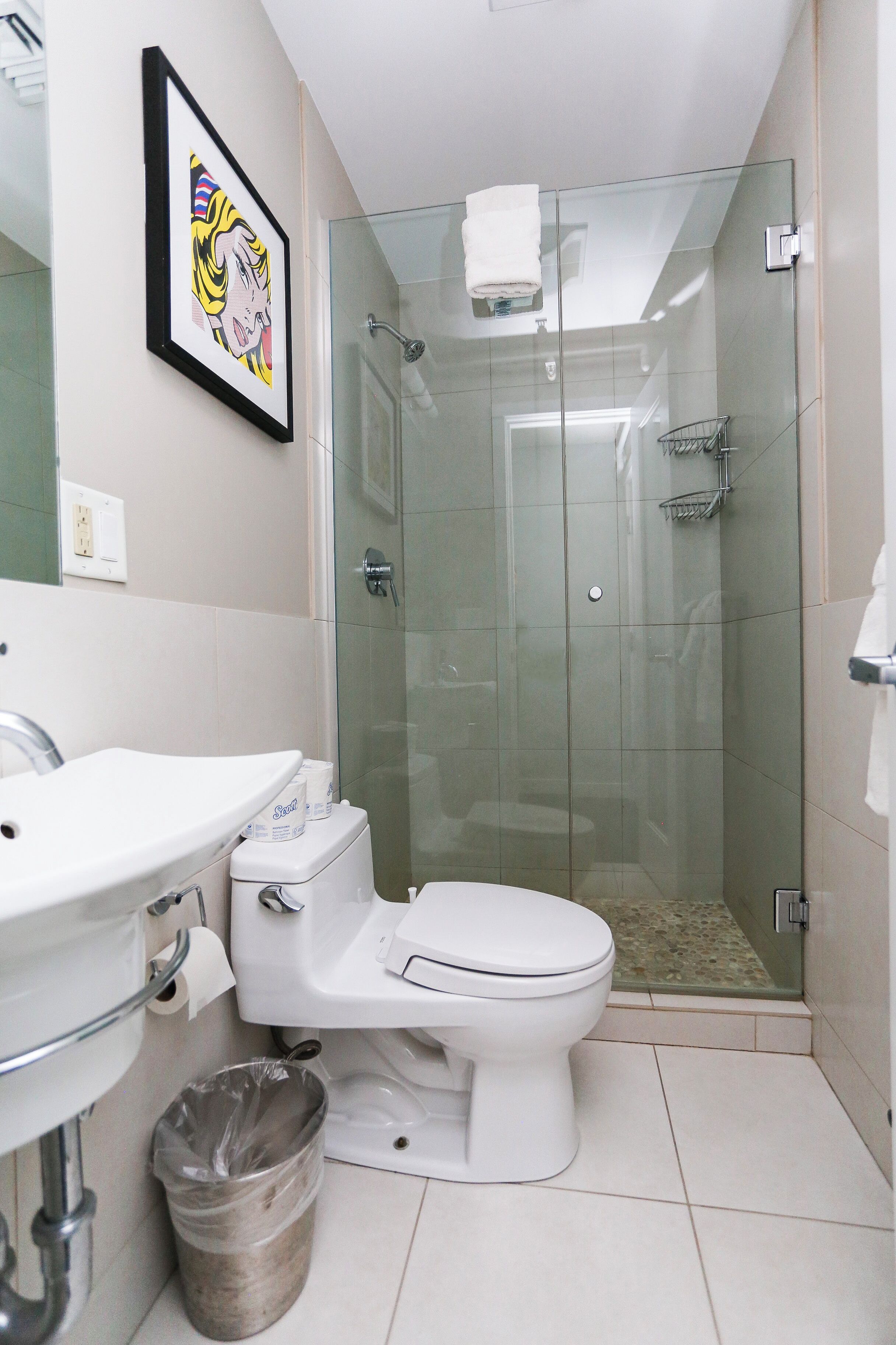 Een moderne badkamer met een douche met glazen wand, een wit toilet en een wastafel met een prullenbak.