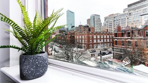 A cityscape with a mix of modern and historic buildings, a snowy street, and a potted plant on a windowsill.