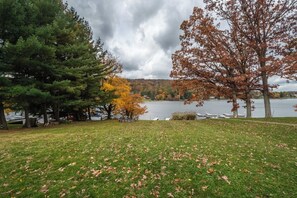 A grassy area with trees and a lake.