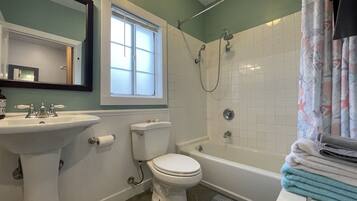 Hair dryer, towels, soap, shampoo
