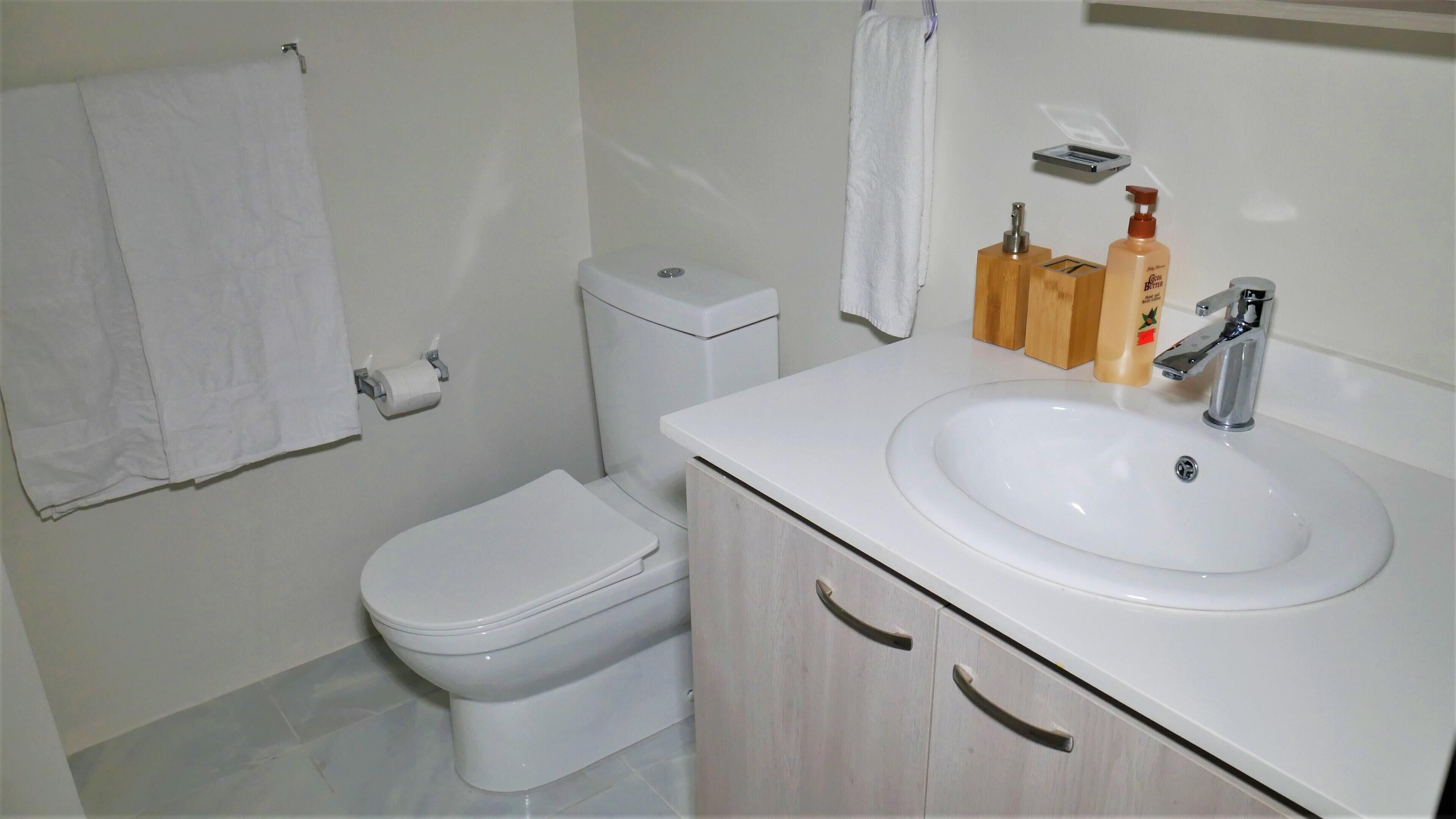 A bathroom with a toilet, sink, and wooden cabinets.