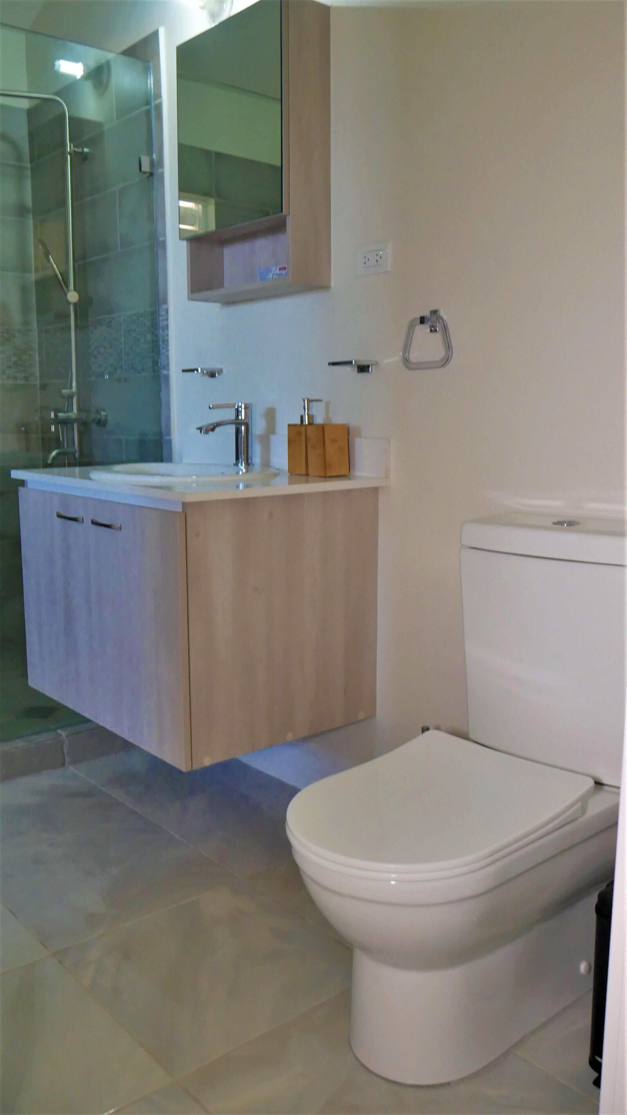 A bathroom with a toilet, a sink, and a shower.