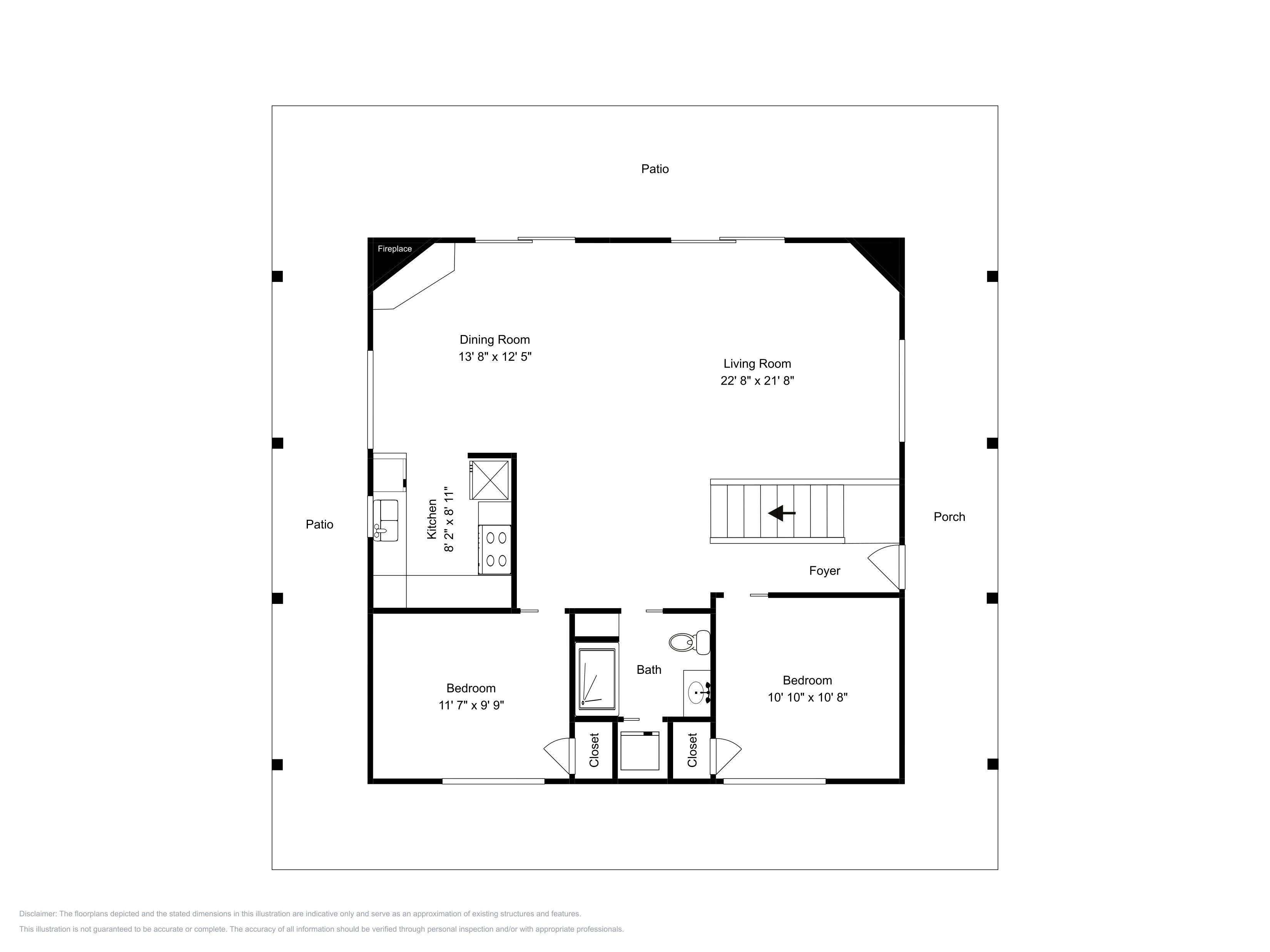 Een plattegrond met een terras, open haard, eetkamer, keuken, woonkamer, hal, twee slaapkamers en een badkamer.