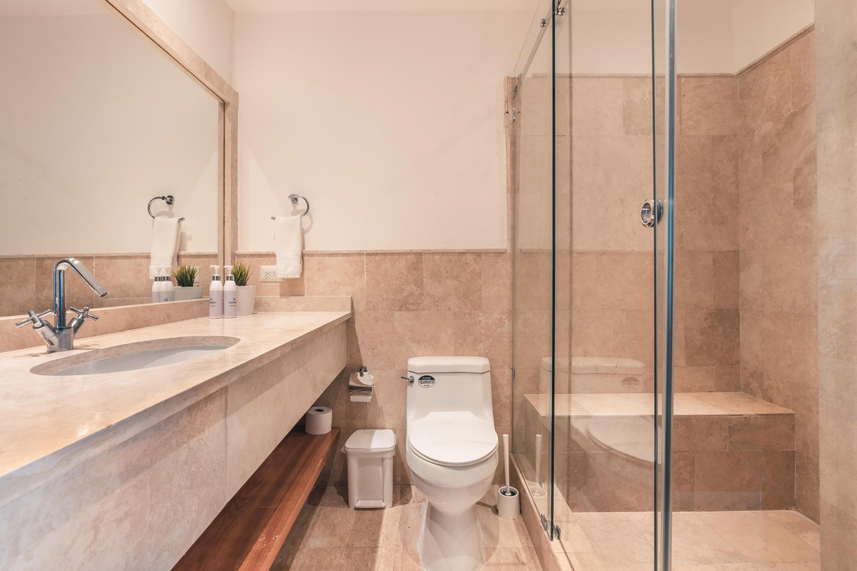 A modern bathroom with a glass-enclosed shower, a sink with a mirror, and a toilet.