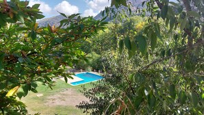 A swimming pool surrounded by lush greenery and mountains in the background. - Rural house, ideal for families in the middle of nature. (Júzcar)