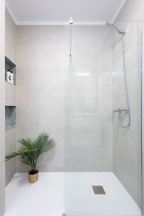 A shower with a glass door, a potted plant, and a shelf with toiletries. - Home2Book Dream Apartment Altemar Las Américas (Playa de la Américas)