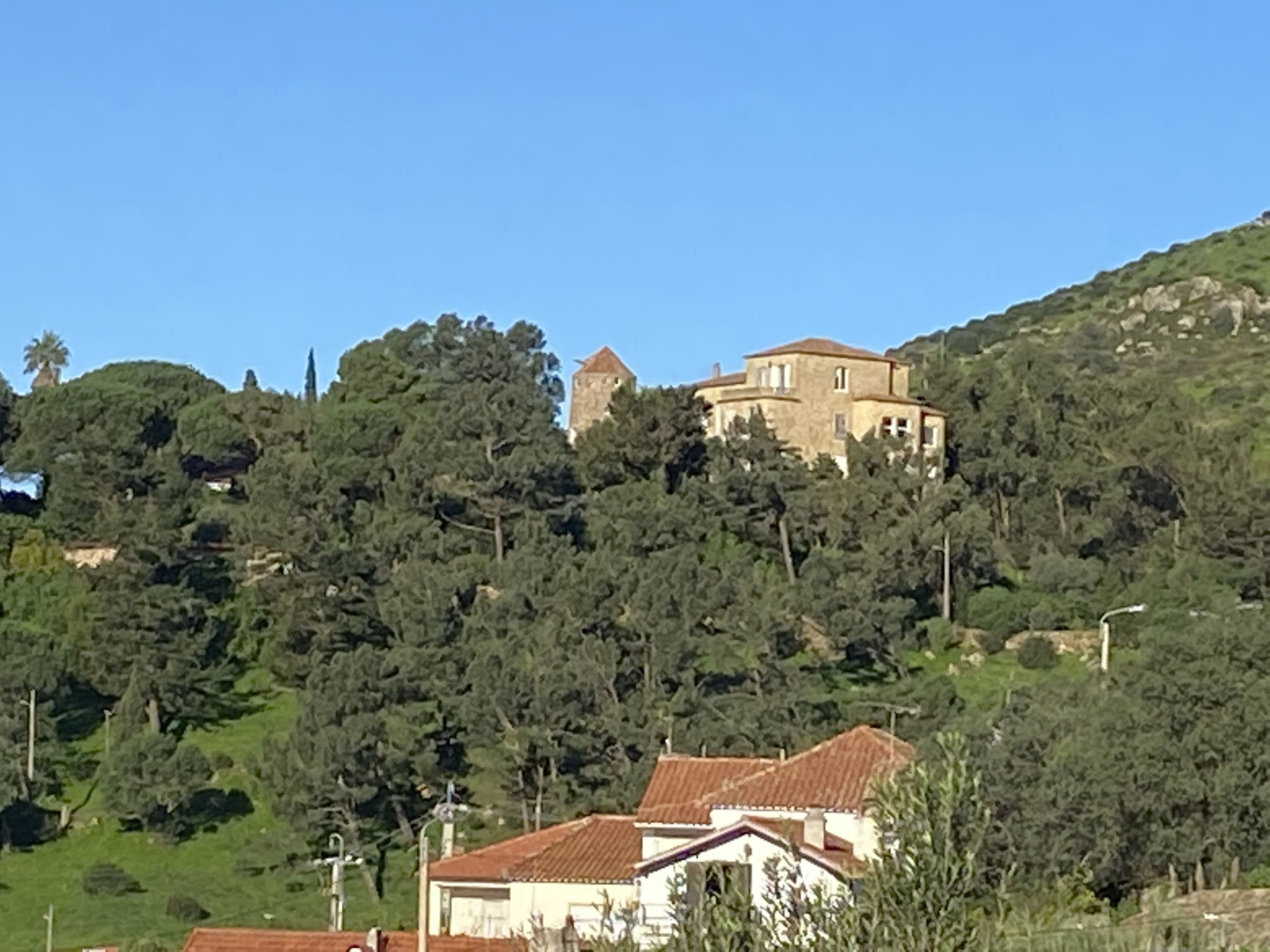 A hillside property with a prominent building featuring a tower, surrounded by dense greenery.