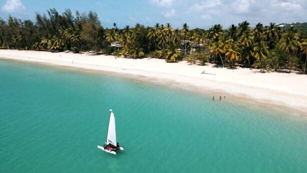 Une plage aux eaux turquoise et limpides, un voilier et, au loin, une rangée de palmiers.