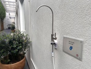 A water filter sign on a wall, a metal showerhead, and a potted plant.
