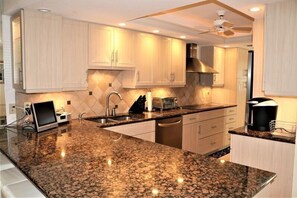 Fridge, coffee/tea maker, cookware/dishes/utensils