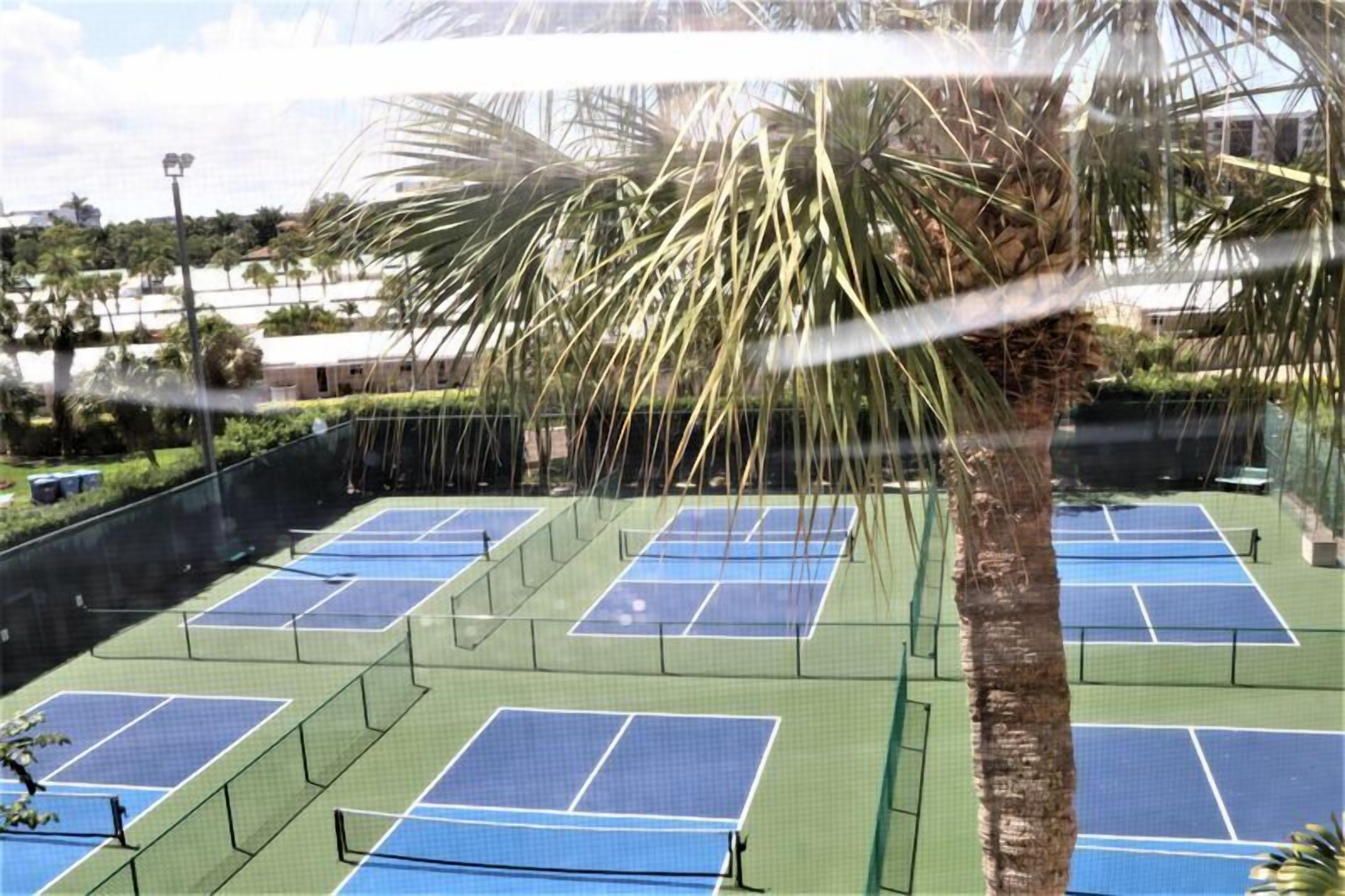 Un complexe de courts de tennis comprenant plusieurs terrains, entouré de palmiers et de verdure.