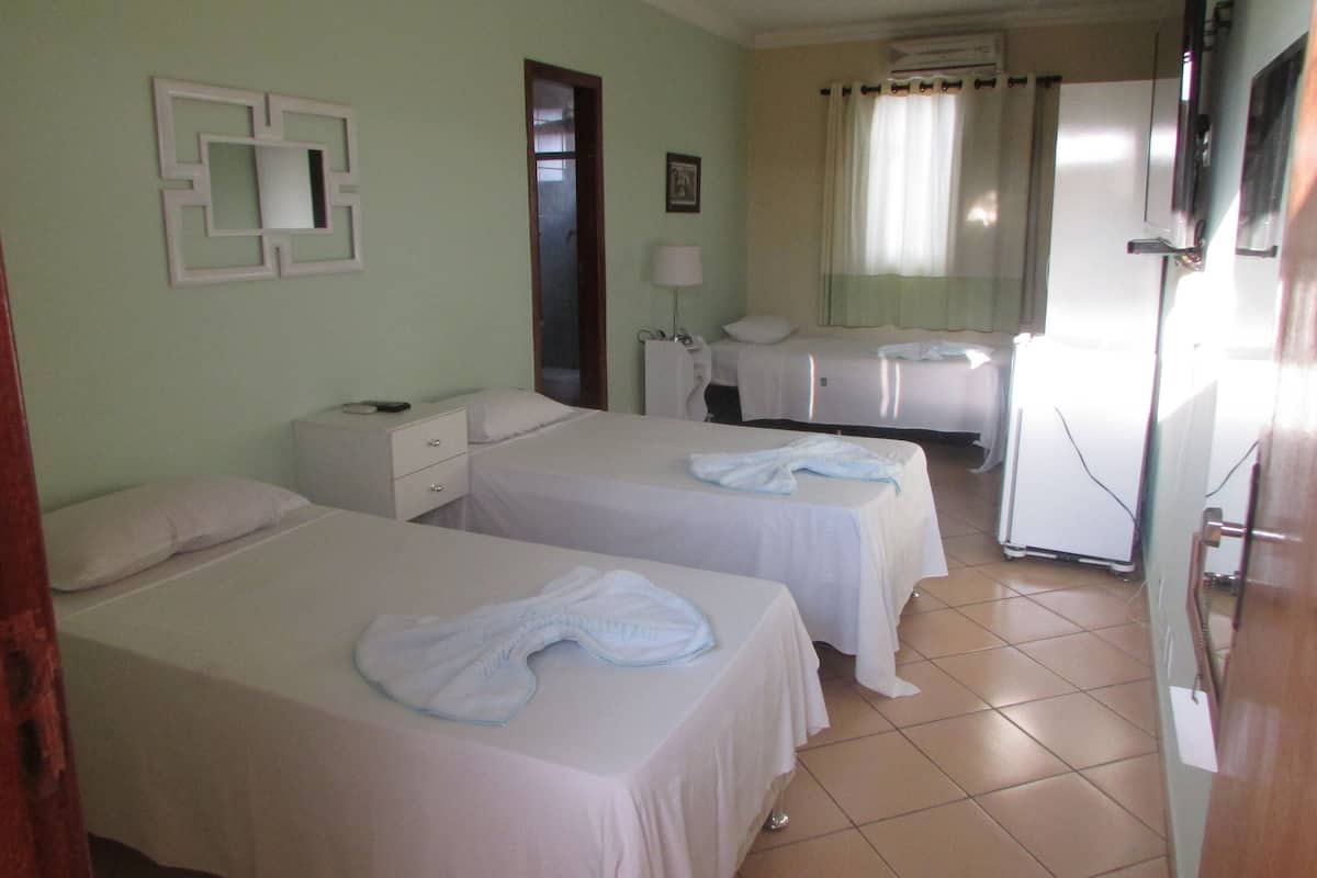Una habitación de hotel con dos camas, un escritorio, una silla, un espejo y una televisión.