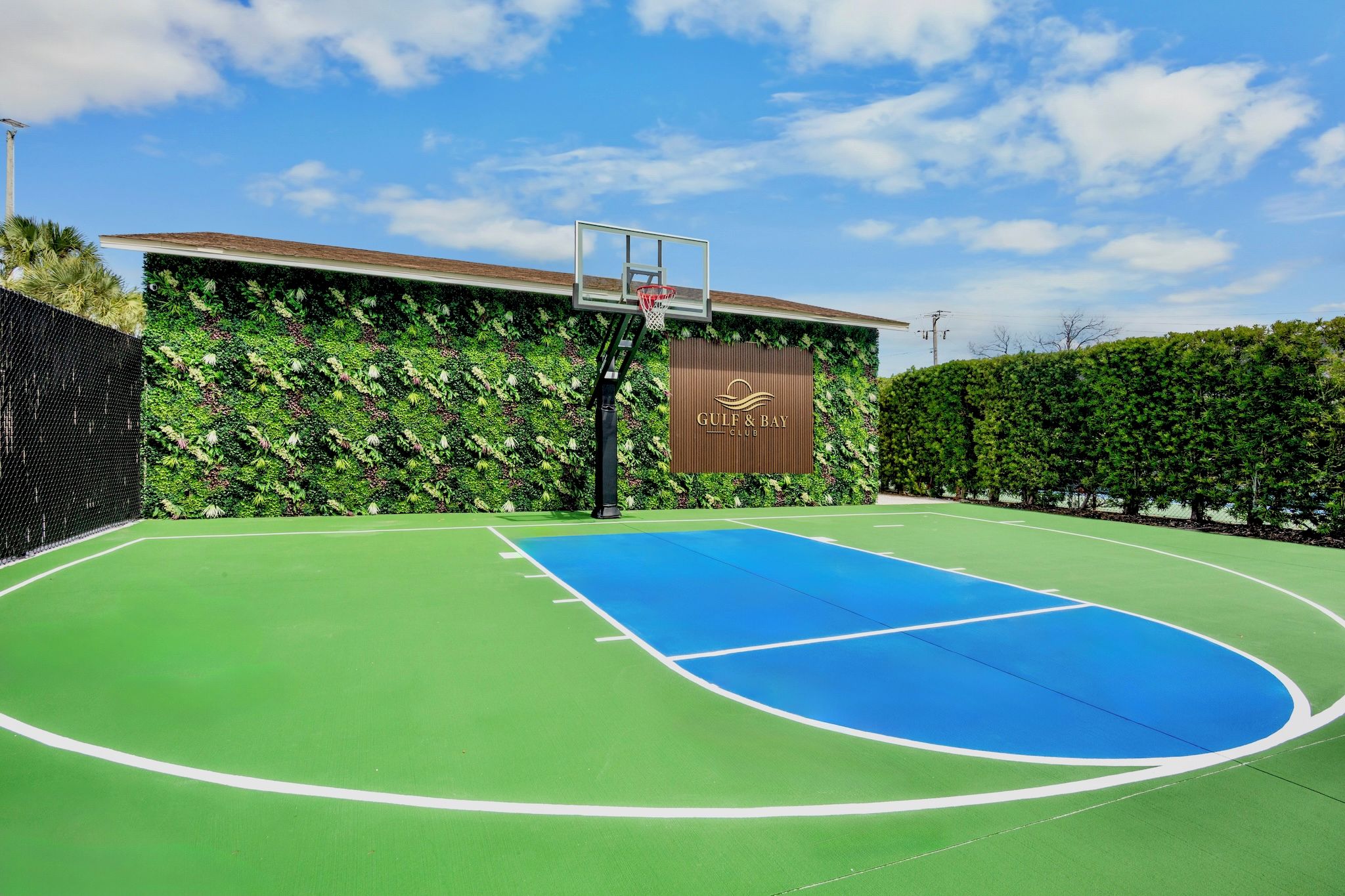 Una cancha de baloncesto al aire libre con superficie verde y zona central azul, rodeada de abundante vegetación y un edificio con un logotipo.