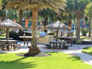 Un espace extérieur aménagé en terrasse, avec des parasols en chaume, des tables en bois et un barbecue.