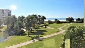 A well-maintained grassy area with palm trees, a pathway, and a view of the ocean. - Gulf and Bay Club- E204 Awesome location! (Siesta Key)