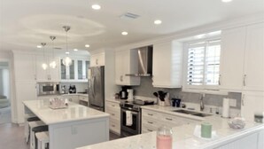 A modern kitchen with white cabinetry, stainless steel appliances, and a central island.