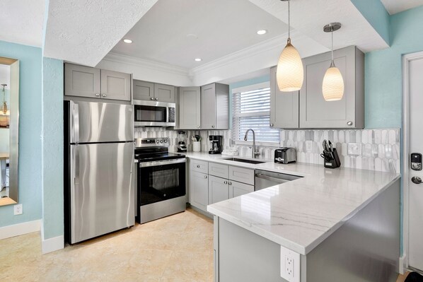 Fridge, microwave, oven, stovetop