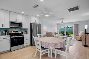 Fridge, dishwasher, coffee/tea maker, toaster