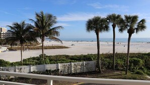Een strand met palmbomen en een witte omheining.