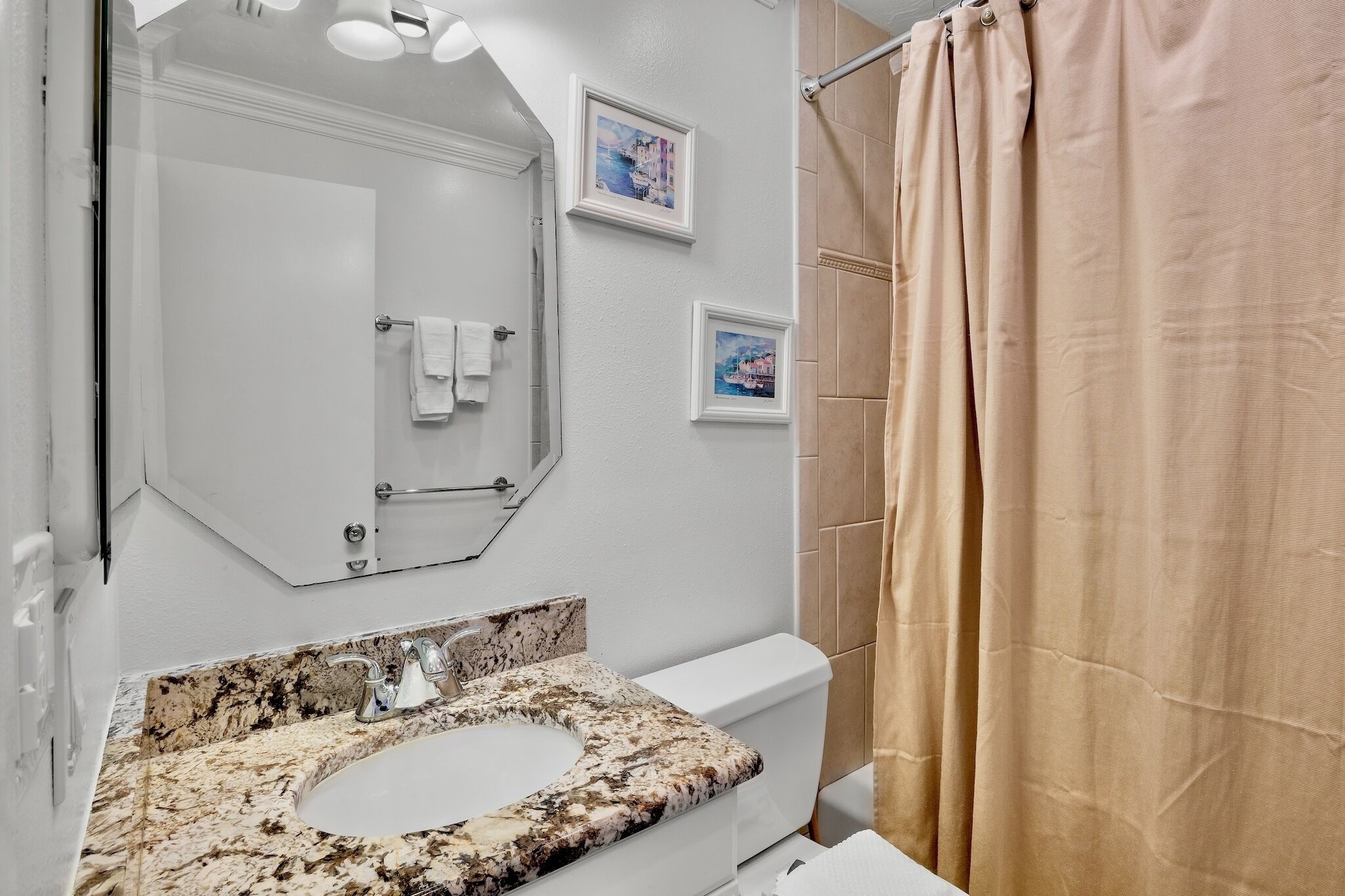A bathroom with a marble sink, a toilet, a shower curtain, and two framed pictures on the wall.