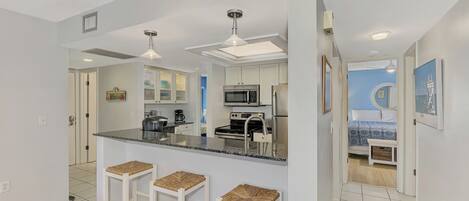 Fridge, microwave, oven, stovetop