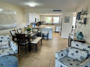 A modern kitchen with white cabinets, a central island, and a dining area with a table and chairs.