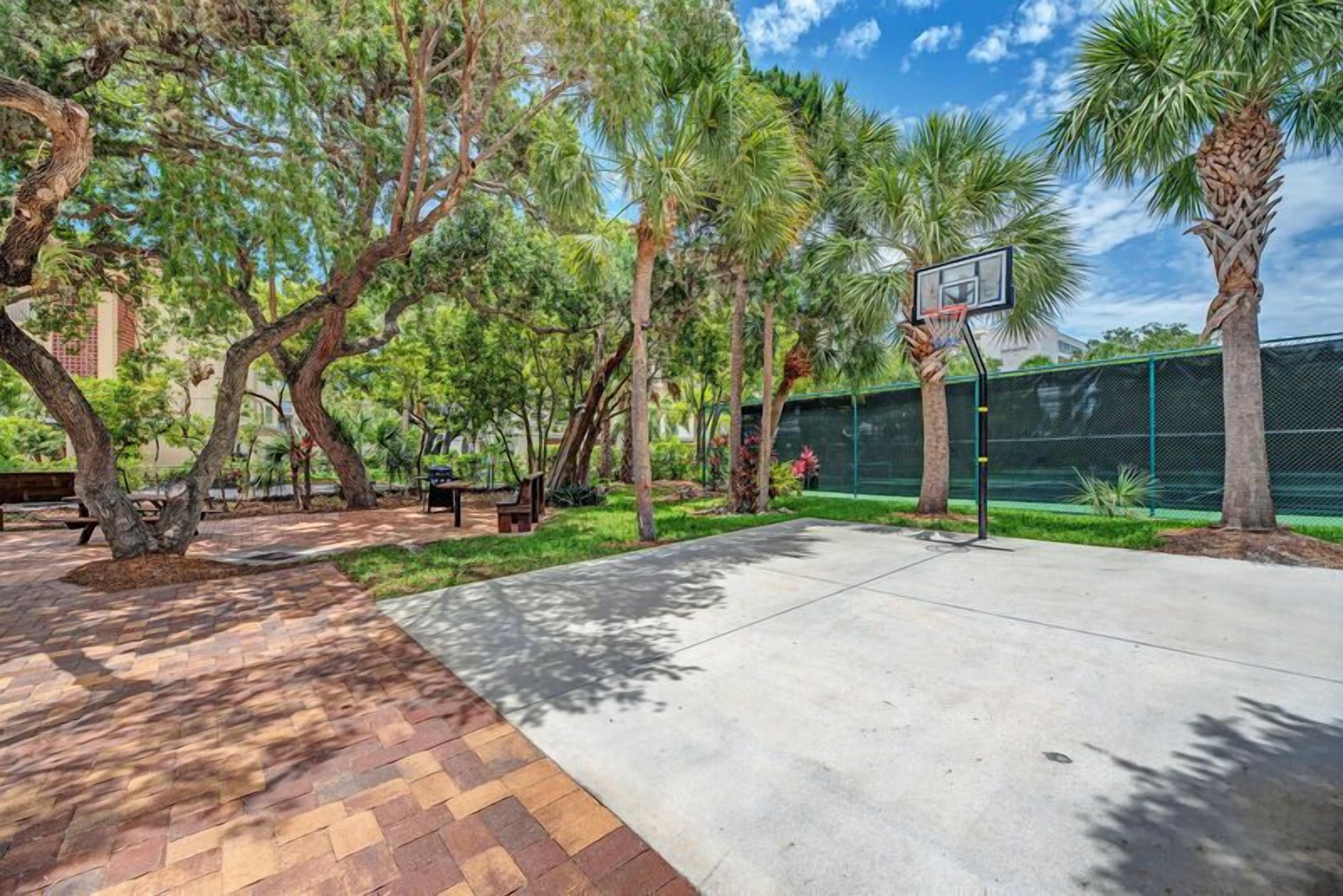 Una cancha de baloncesto al aire libre con aro, rodeada de árboles y un sendero pavimentado.