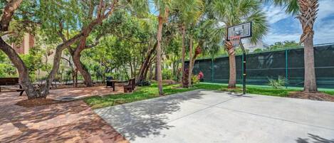 Una cancha de baloncesto al aire libre con aro, rodeada de árboles y un sendero pavimentado.