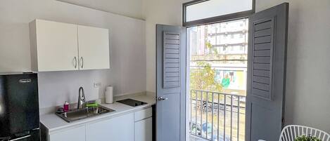 Classic Apartment | Private kitchenette | Fridge, stovetop, cookware/dishes/utensils, cleaning supplies