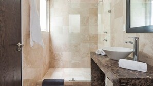 Ein Badezimmer mit einem großen Waschbecken, einer Duschkabine aus Glas und einer dunklen Holztür.