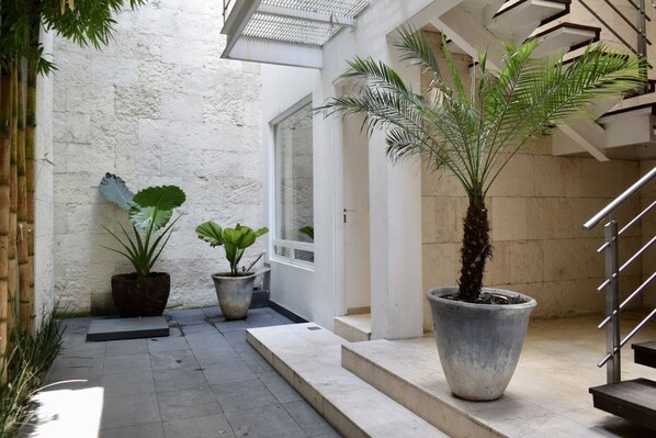 A narrow outdoor corridor with steps leading to a staircase, surrounded by potted plants and a white wall.