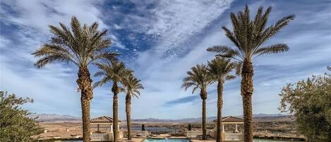 Outdoor pool, a heated pool, sun loungers