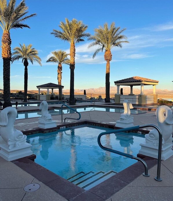 Outdoor pool, a heated pool, pool loungers