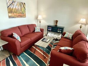 Smart TV, fireplace, video games, books