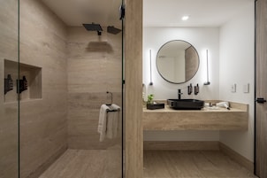 Shower, rainfall showerhead, designer toiletries, hair dryer