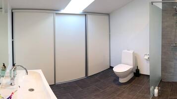 A modern bathroom with a curved sink, a toilet, and a shower area.