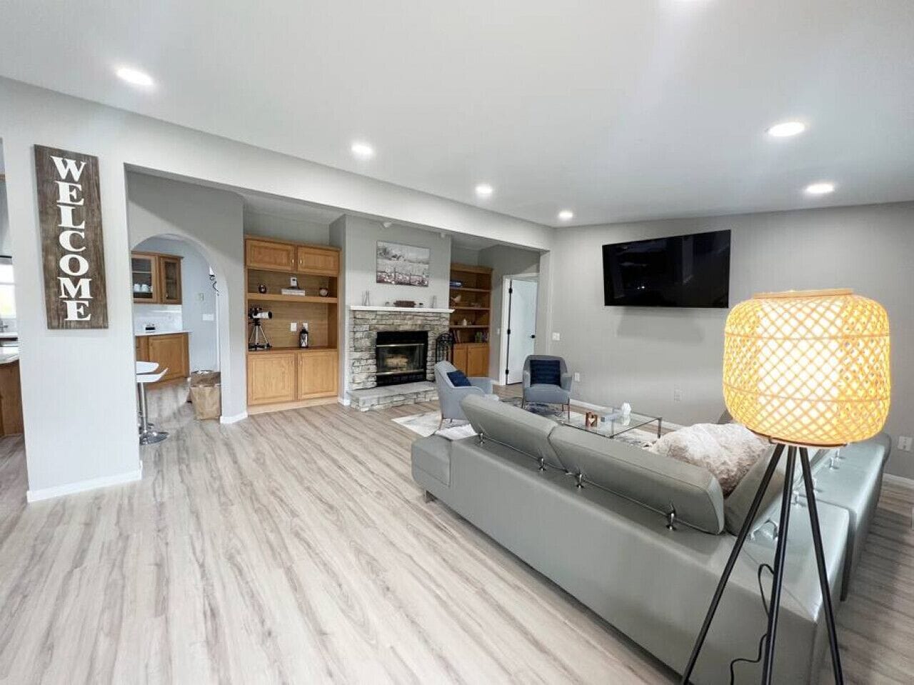 TV, fireplace, books