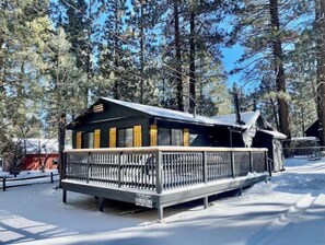 Guests can enjoy a cozy porch with a railing, perfect for taking in the surrounding forest views.