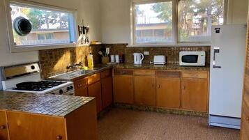 Fridge, microwave, electric kettle, toaster