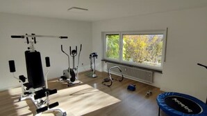 A home gym with exercise equipment, a trampoline, and a large window with a view of trees. - Vacation apartment 94 sqm & 16 sqm terrace - with magnificent panoramic views of the city and the Alps (Waldshut-Tiengen)