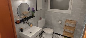 Bañera con ducha, artículos de tocador ecológicos, secador de pelo