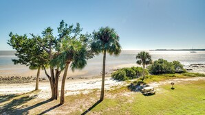 A beach with palm trees and a picnic table. - Cedar Key Condo w/ Balcony & Gulf Views! (Cedar Key)