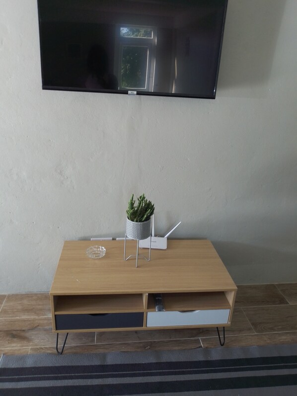 A wooden TV stand with a potted plant, a flat-screen TV mounted on the wall, and a white router on the stand. - Two Bedroom Apartment Rental (Paix Bouche)